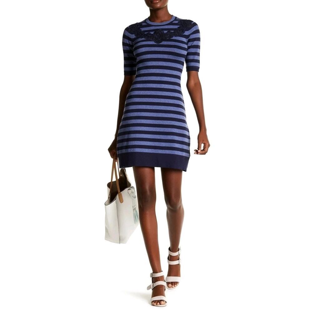 Karen Millen Stretch Lace Yoke Striped Knit Dress Short Sleeve Mini SZ Small